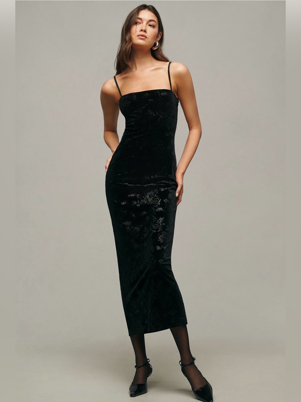 REFORMATION Elise Velvet Knit Midi Dress Black‎ Bodycon Anthropologie XS